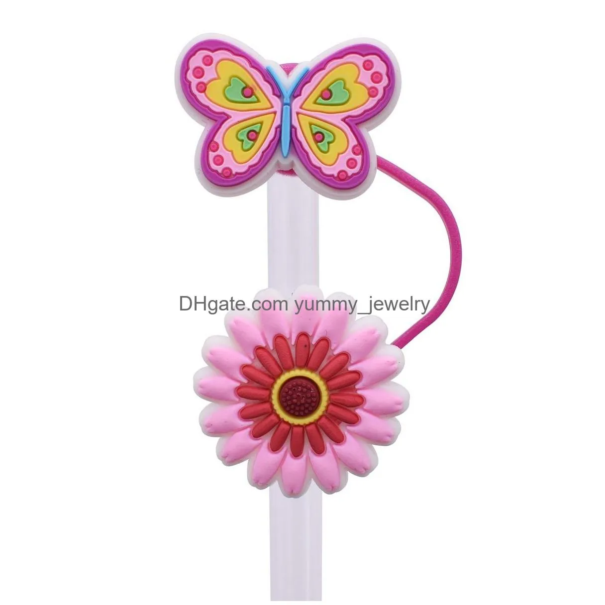 butterfly flower silicone straw toppers accessories cover charms reusable splash proof drinking dust plug decorative 8mm/10mm straw