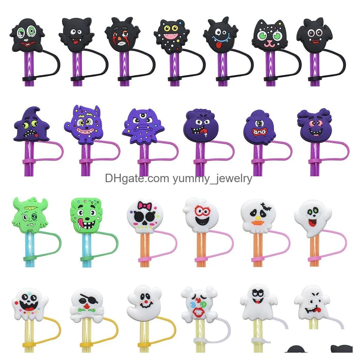 halloween horror monster cat ghost silicone straw toppers accessories cover charms reusable splash proof drinking dust plug decorative 8mm straw
