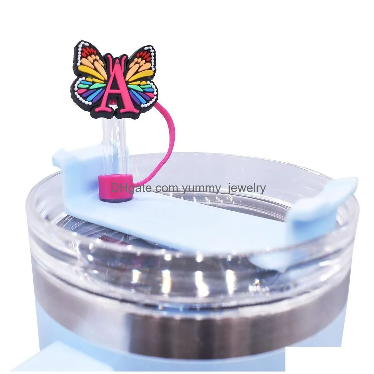 colorful alphabets butterfly silicone straw toppers accessories cover charms reusable splash proof drinking dust plug decorative 8mm/10mm straw