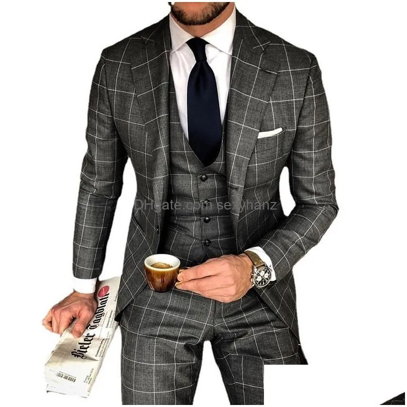 men blazer slim fit spring autumn gray plaid pocket suit jacket casual fashion mens clothing 2203107969823