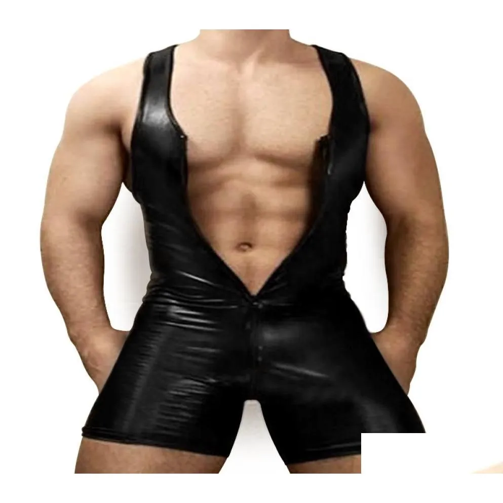 faux leather tight body underwear men shapers sexy singlet bodysuit wrestling leotard male casual unitard bust open underwear6501976