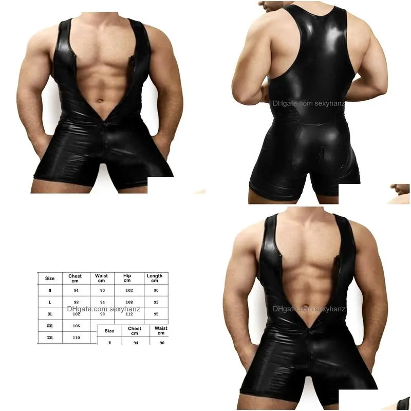 faux leather tight body underwear men shapers sexy singlet bodysuit wrestling leotard male casual unitard bust open underwear6501976