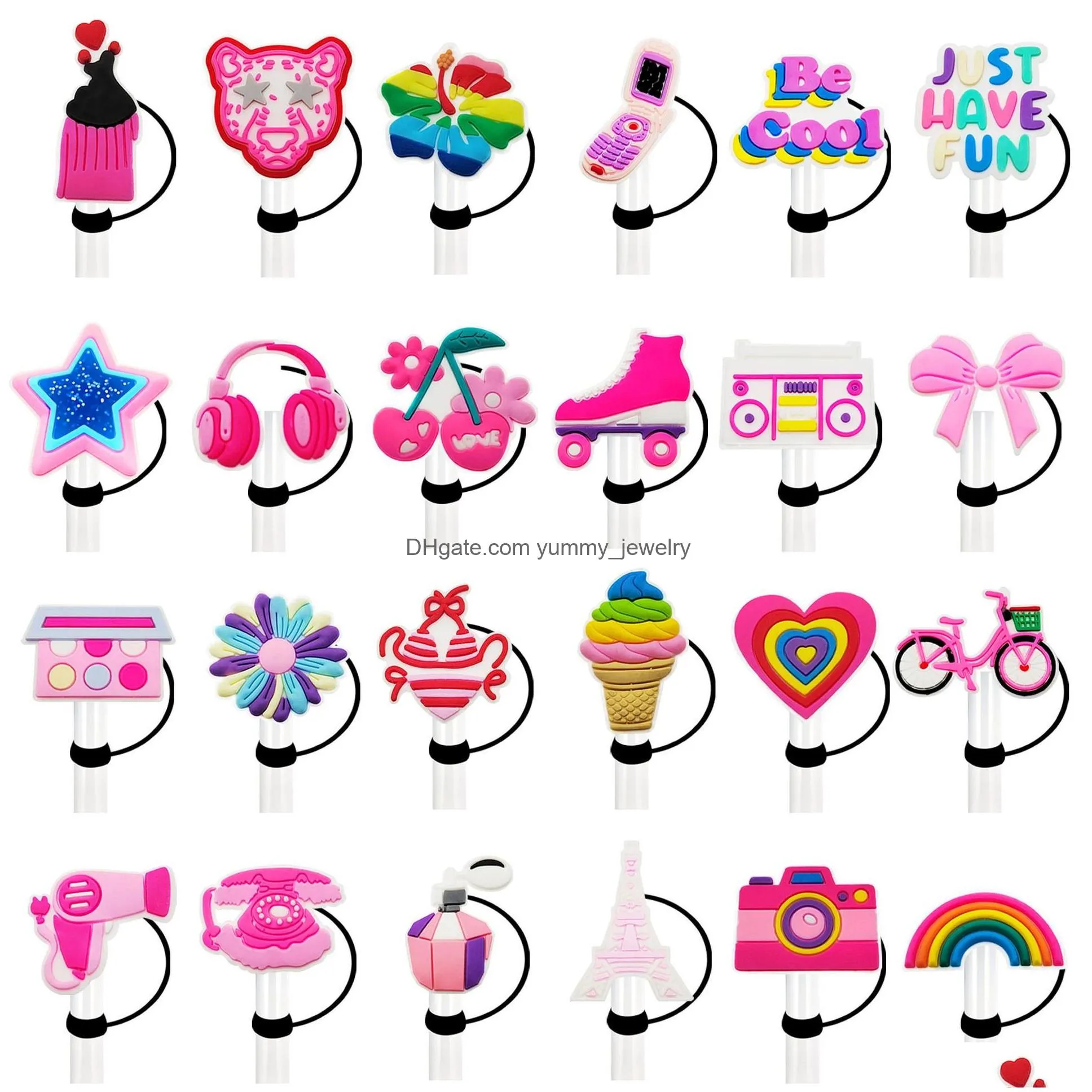 25colors girls pink fun stuff silicone straw toppers accessories cover charms reusable splash proof drinking dust plug decorative 8mm/10mm straw