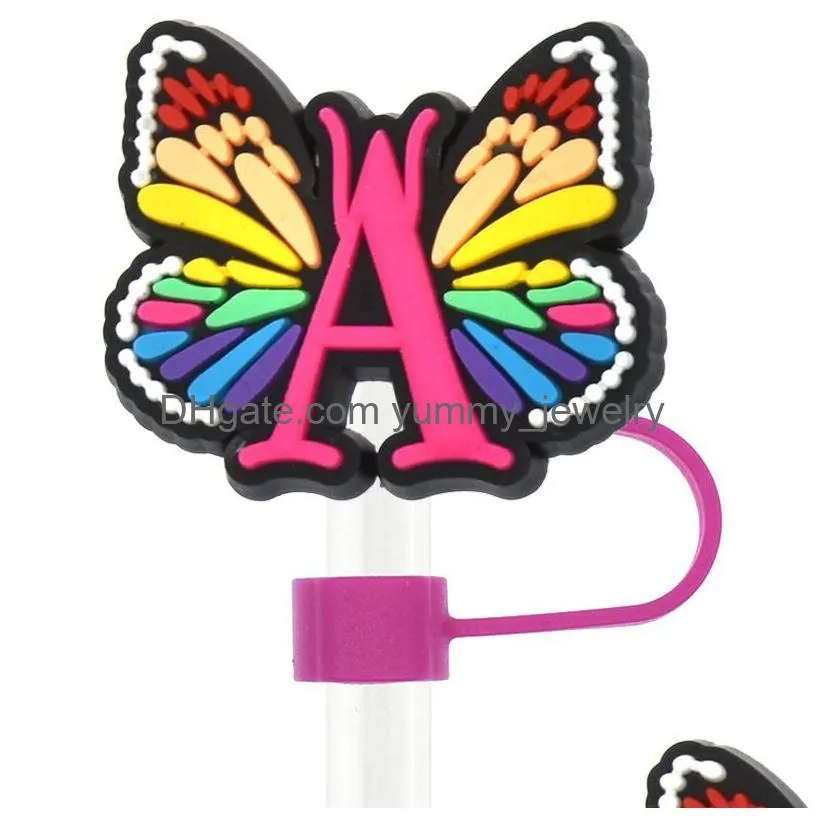 colorful alphabets butterfly silicone straw toppers accessories cover charms reusable splash proof drinking dust plug decorative 8mm/10mm straw
