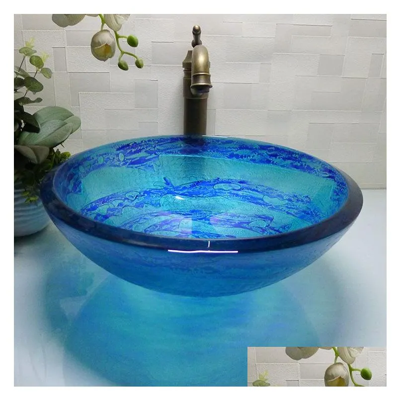 bathroom tempered glass sink handcraft counter top round basin wash basins cloakroom shampoo vessel bowl hx007