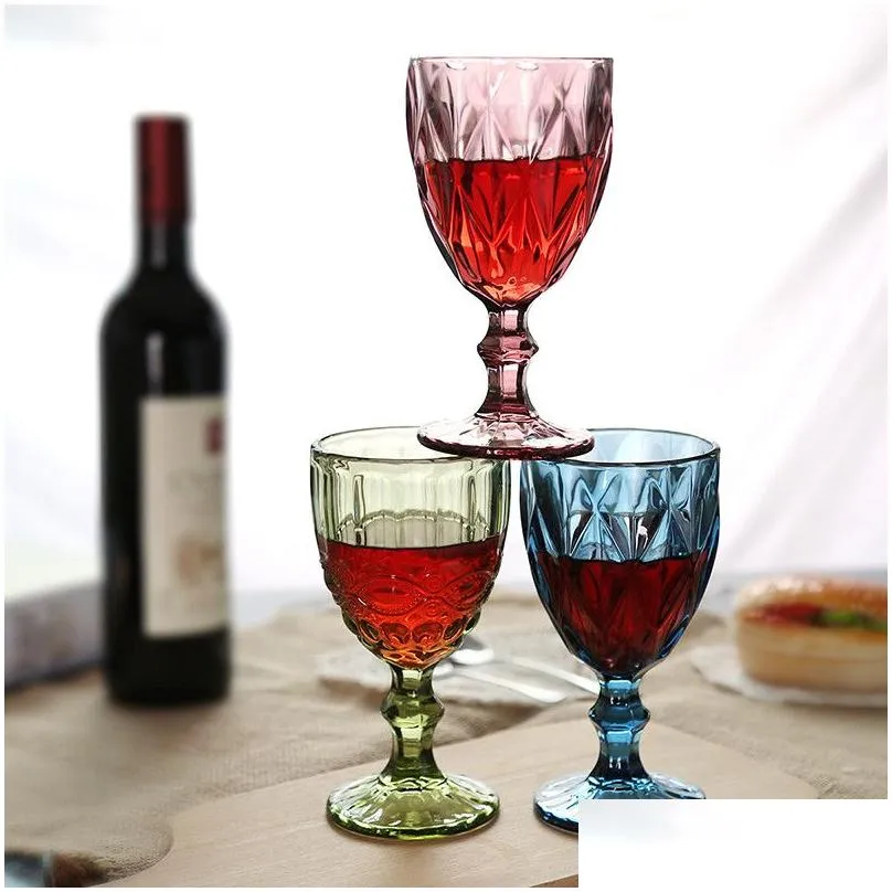 10oz wine glasses colored glass goblet with stem 300ml vintage pattern embossed romantic drinkware for party wedding