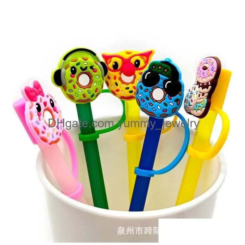 11colors animal donuts silicone straw toppers accessories cover charms reusable splash proof drinking dust plug decorative 8mm straw party