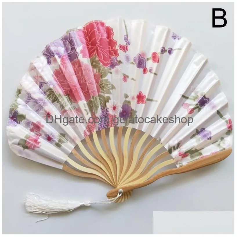 hand fold fan vintage style bamboo wood silk flower japanese chinese artificial pink wedding girl man dance decorate home