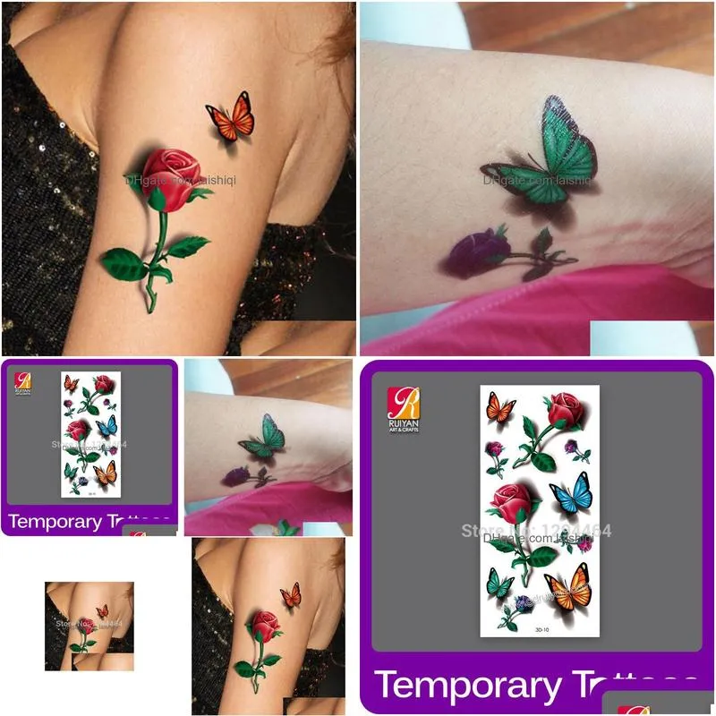 wholetatoo 3d rose tattoo 2015 flower fake butterfly temporary fantasy waterproof tattoos stickers women 3d tatoo8540424