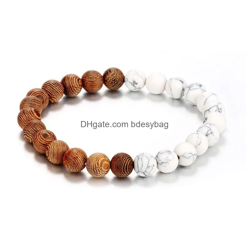 8mm Natural Stone Handmade Strands Wooden Beaded Charm Bracelets For Men Women Elastic Yoga Fashion Jewelry