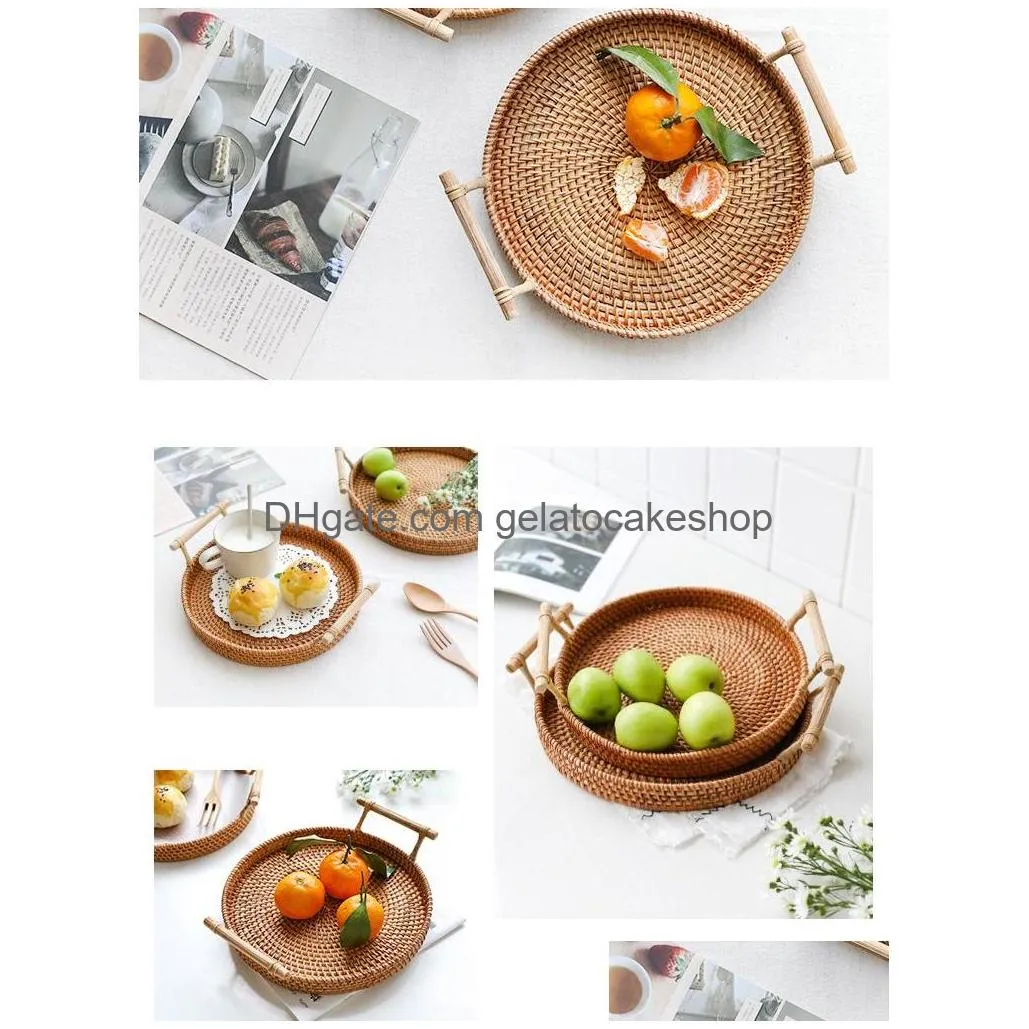 handwoven rattan storage tray with wooden handle round wicker basket bread food plate fruit cake platter dinner serving tray