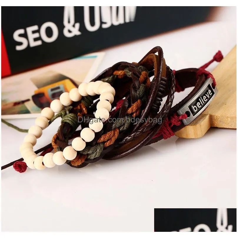 Punk Retro Leather Wooden Beaded Believe Charm Bracelets Set For Women Men Friends Couples Fashion jewelry