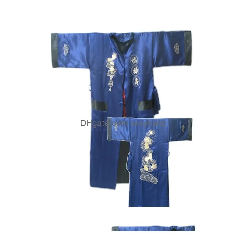 sleepwear wholesalereversible burgundy black chinese mens silk satin robe two side nightgown embroidery dragon kimono bath gown one size