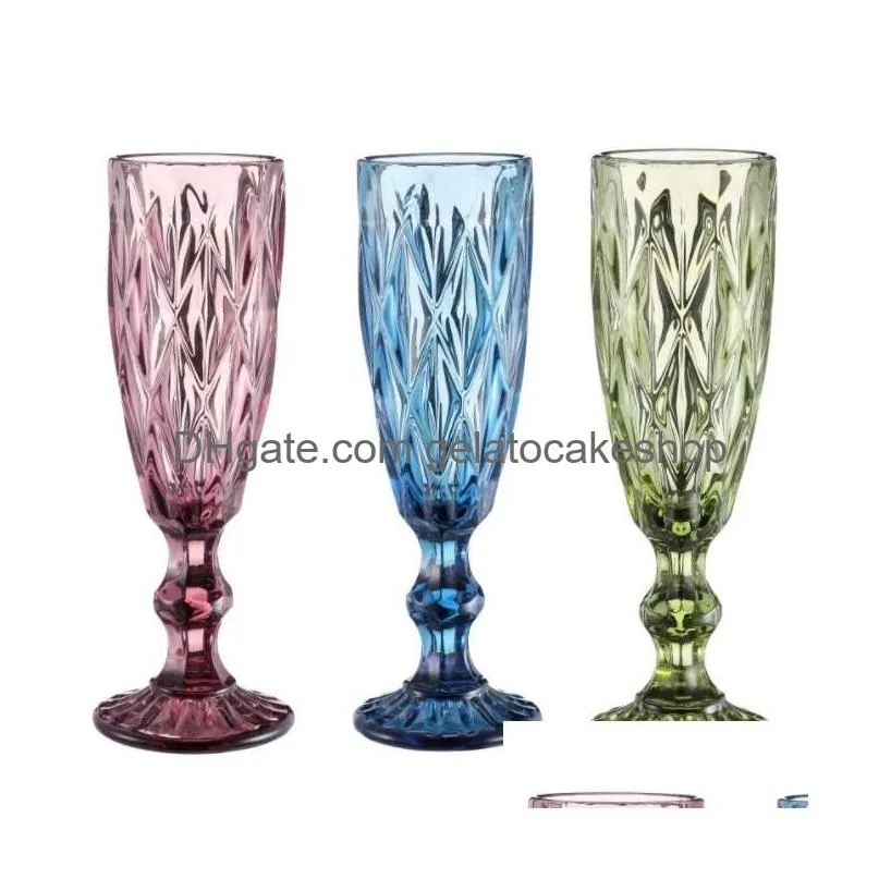 qbsomk 150ml european style embossed stained glass 4 colors water wine beer glasses lamp thick goblets cocktail flute glasre