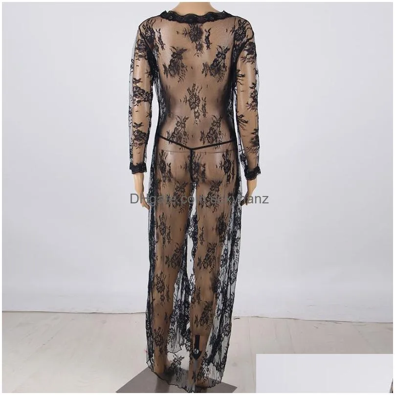 women sexy long dressing night gown sheer transparent dress nightgown nightie sleepwear lingerie thong set sexy costumes black8417916