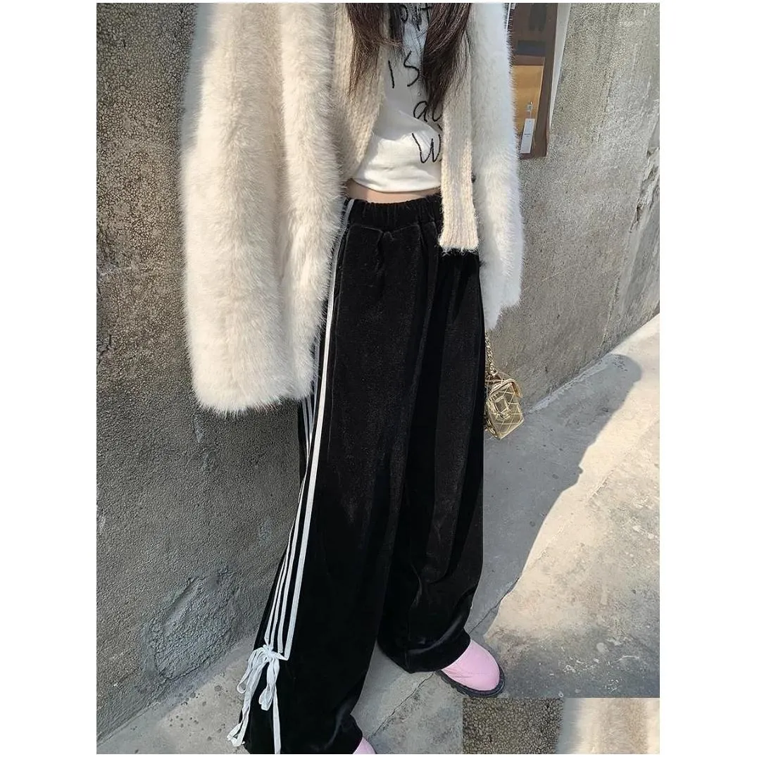 women`s pants fashion design sense niche bow velvet wide leg elastic waist and thick trousers estilo coreano ropa de mujer