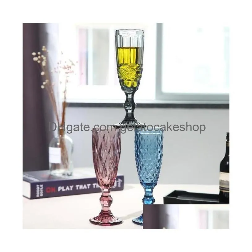 qbsomk 150ml european style embossed stained glass 4 colors water wine beer glasses lamp thick goblets cocktail flute glasre