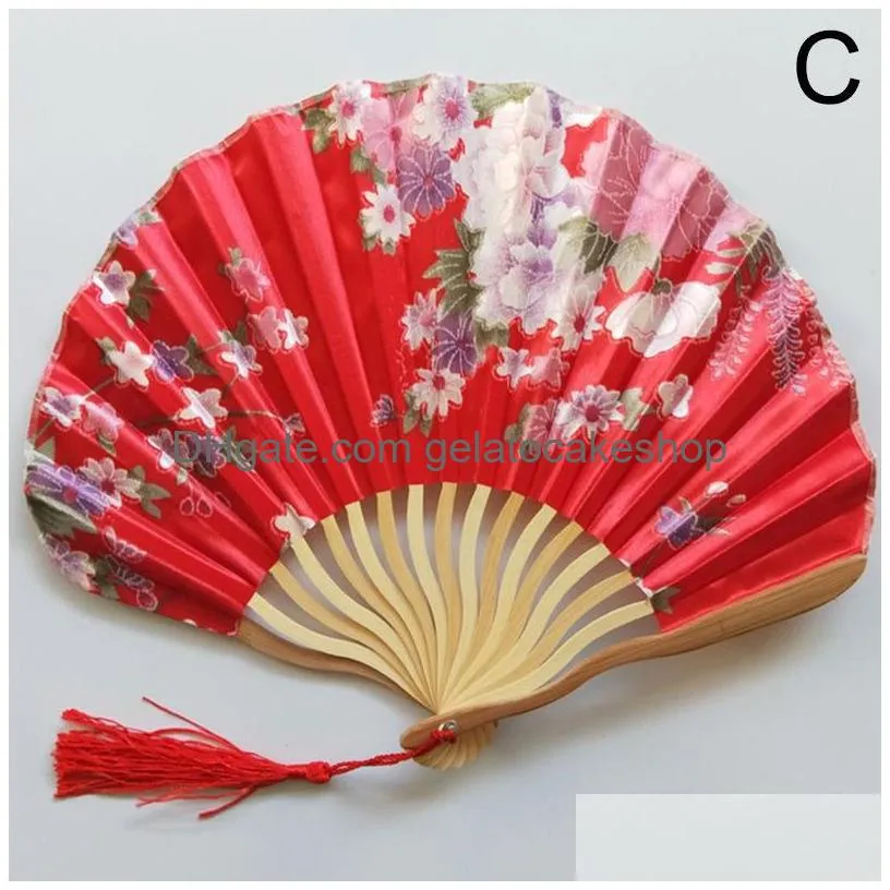 hand fold fan vintage style bamboo wood silk flower japanese chinese artificial pink wedding girl man dance decorate home