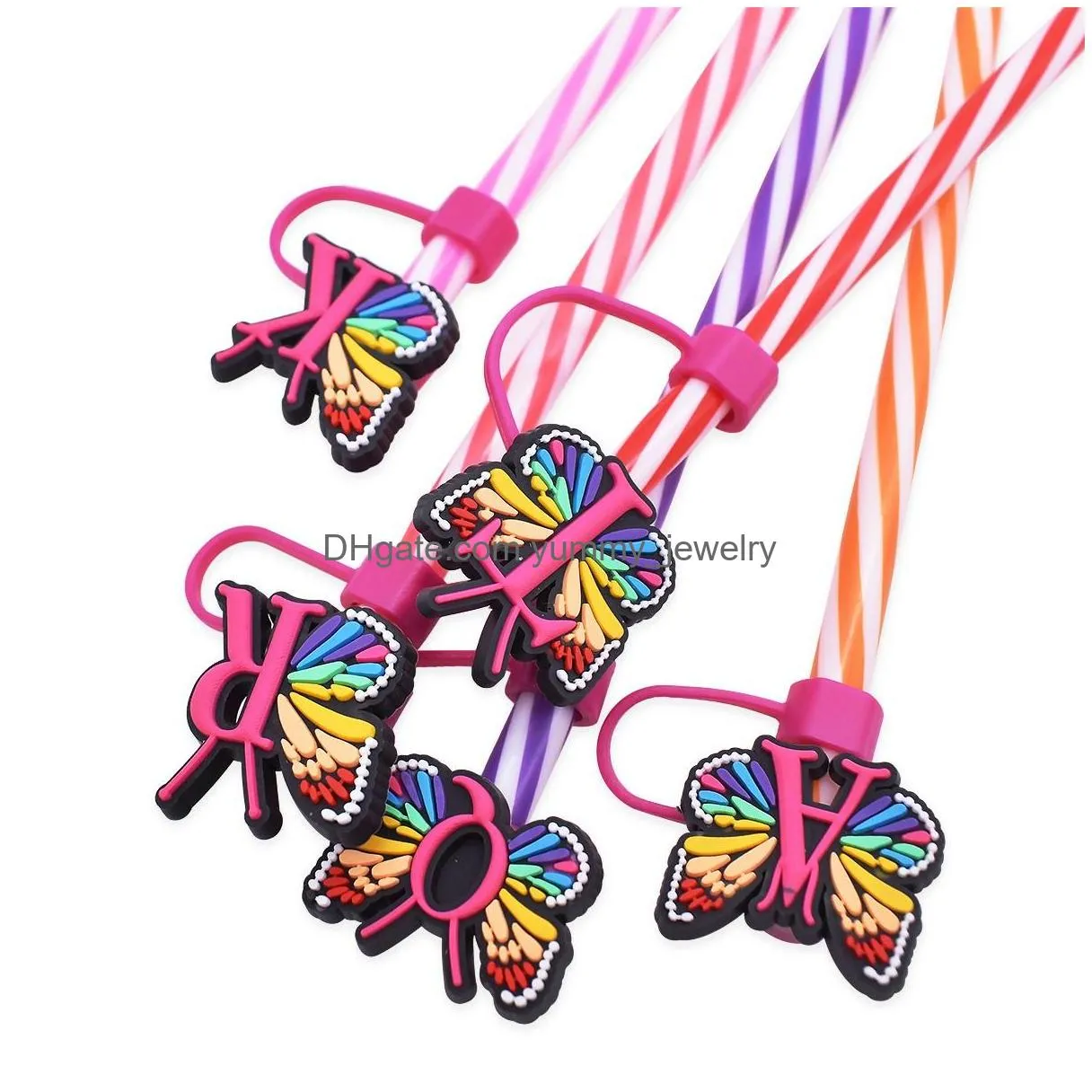 colorful alphabets butterfly silicone straw toppers accessories cover charms reusable splash proof drinking dust plug decorative 8mm/10mm straw