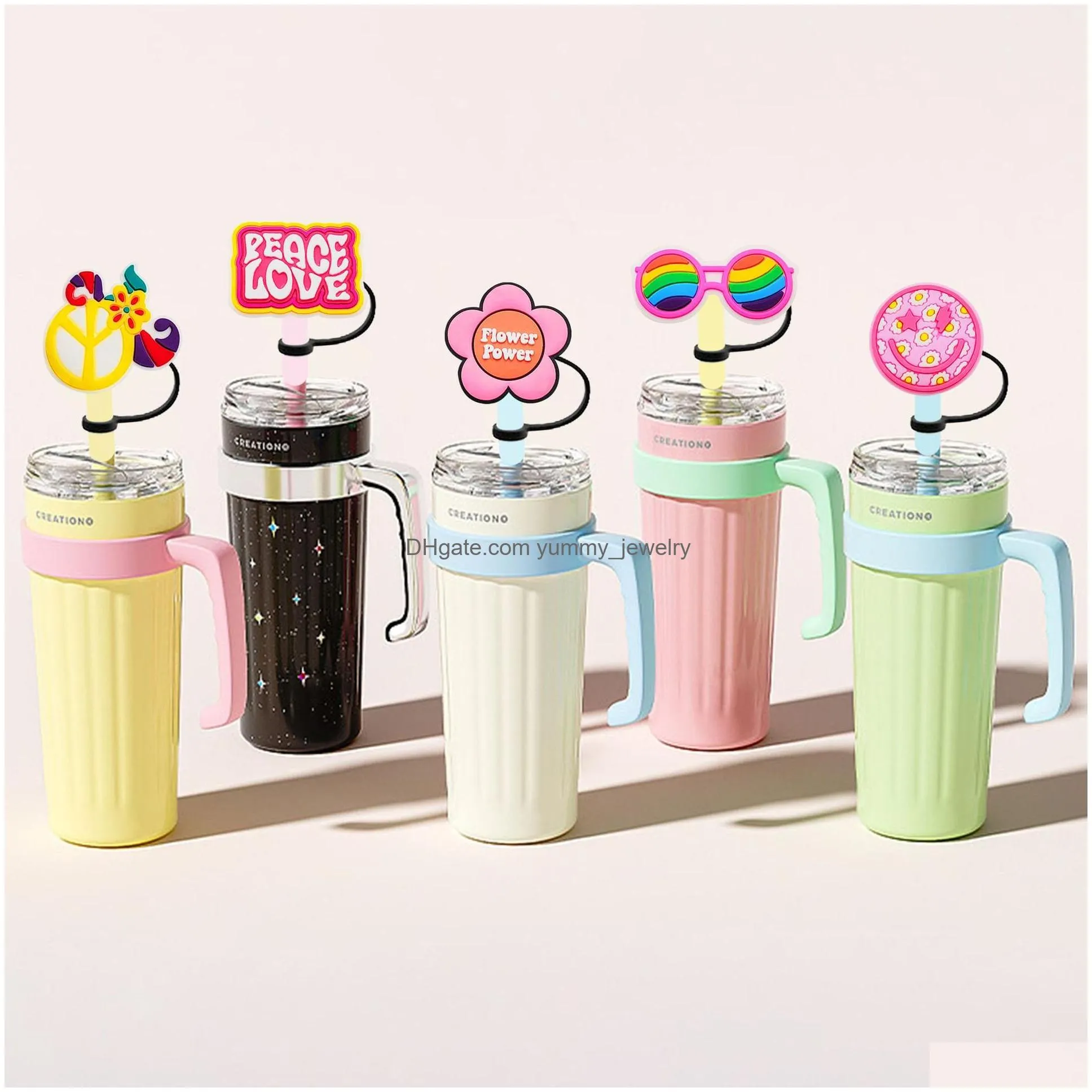 16colors girls sweet love silicone straw toppers accessories cover charms reusable splash proof drinking dust plug decorative 8mm/10mm straw