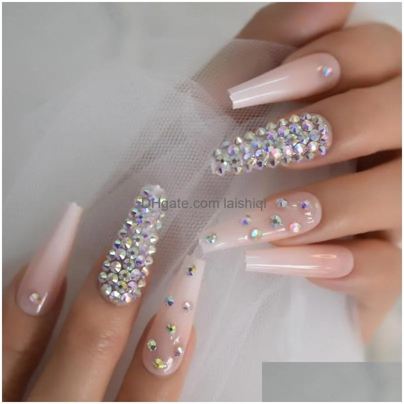 false nails nail art 3d rhinestones press on coffin pre design extra long tips display ombre fake nude pink artificial