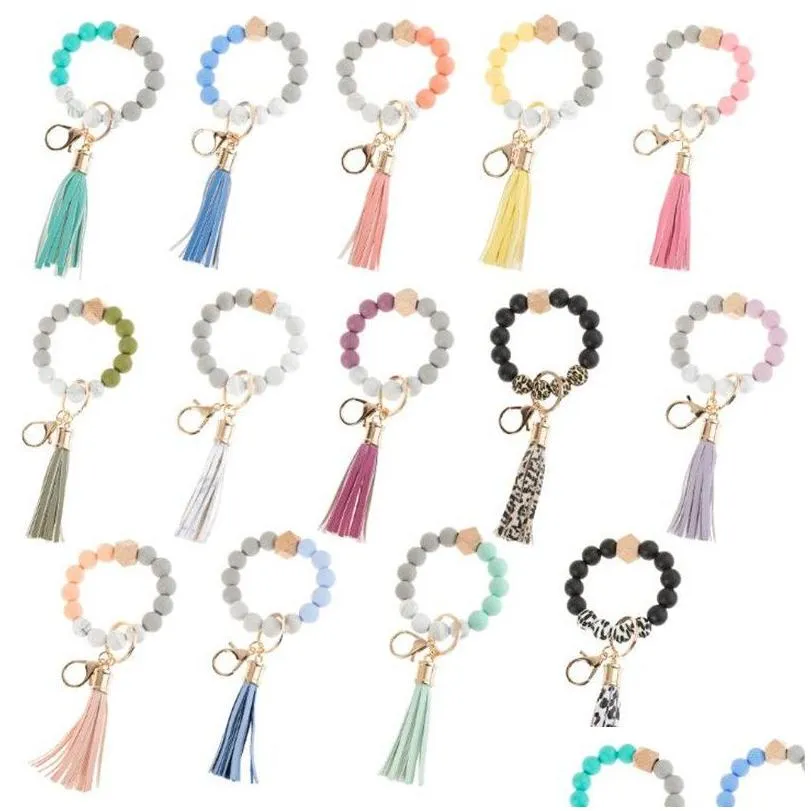 14 colors wooden tassel bead string bracelet keychain food grade silicone beads bracelets women girl key ring wrist strap db961