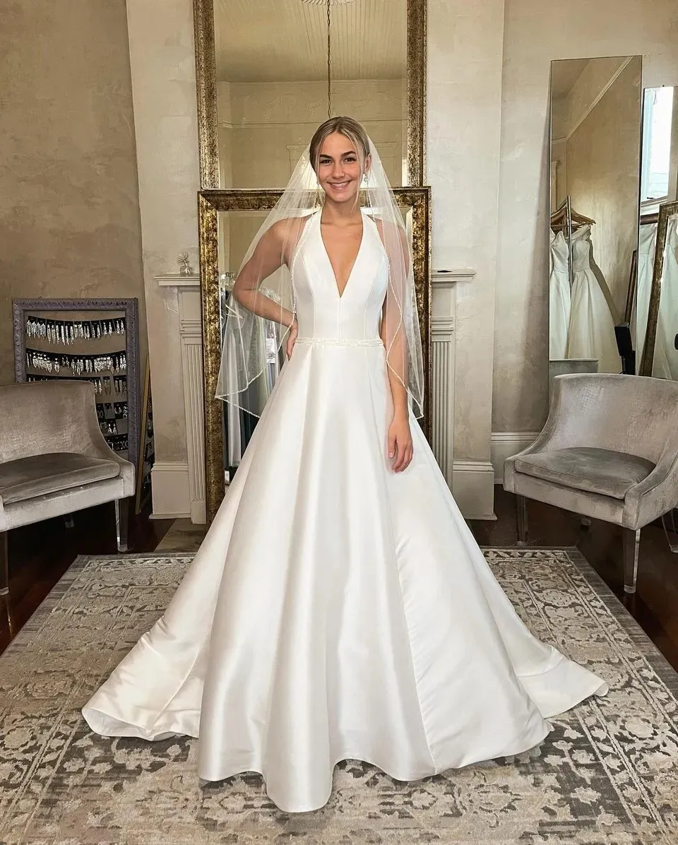 Satin Bridal Wedding Dress 2023 Big Bow A-Line Plunging V-Neck vestidos de novia Beach Garden Castle Chapel robe de mariee Order-to-made Ivory White YD