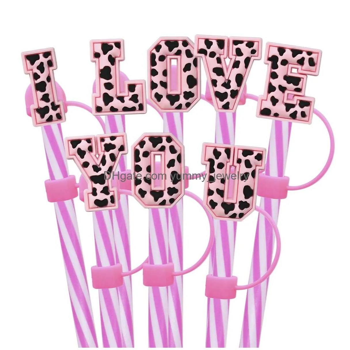 36colors baby girl leopard alphabets silicone straw toppers accessories cover charms reusable splash proof drinking dust plug decorative 8mm/10mmstraw