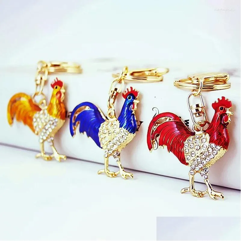 keychains creative enamel cock key chains rhinestone chicken pendants keyrings fashion women men bag accessories car holder decor gift