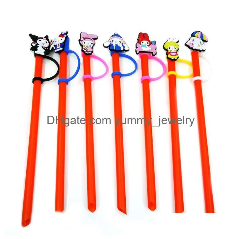 44 colors cats kuromi melody silicone straw toppers accessories cover charms reusable splash proof drinking dust plug decorative 8mm straw party