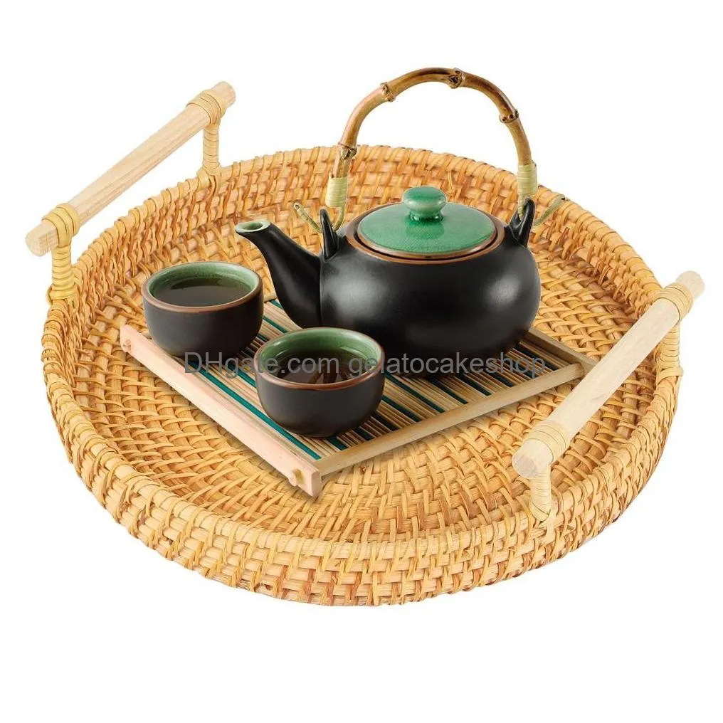 handwoven rattan storage tray with wooden handle round wicker basket bread food plate fruit cake platter dinner serving tray