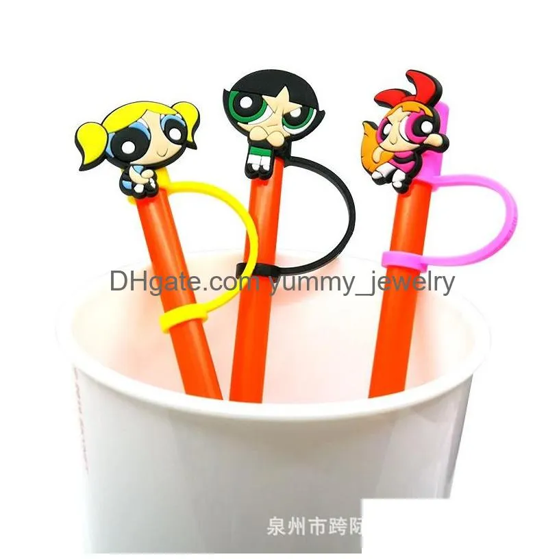 anime baby the powerpuff girls silicone straw toppers accessories cover charms reusable splash proof drinking dust plug decorative 8mm straw party