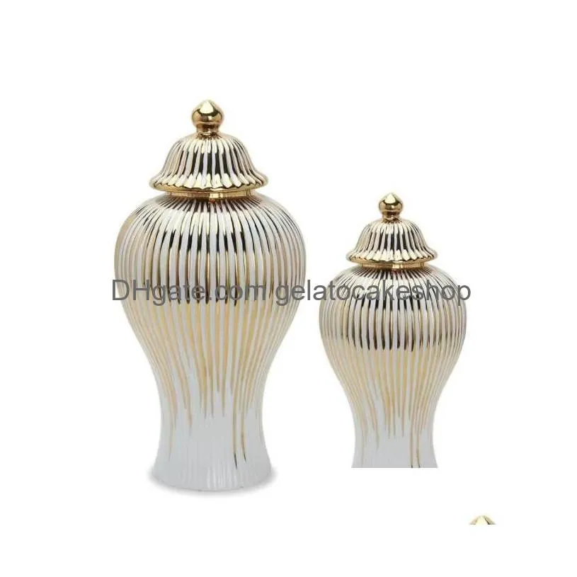 ceramic ginger jar golden stripes decorative general jar vase porcelain storage tank with lid handicraft home decoration