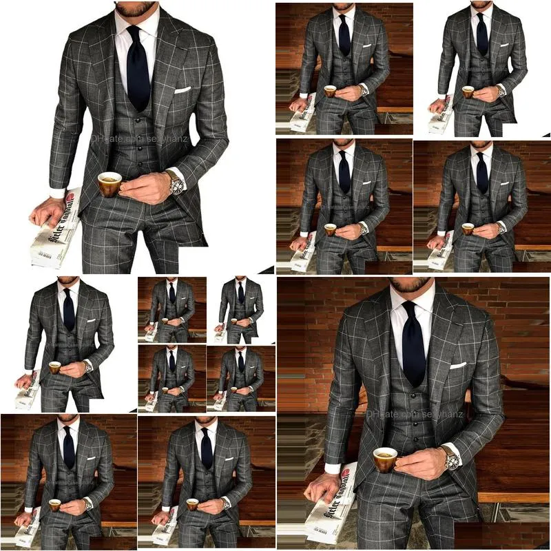 men blazer slim fit spring autumn gray plaid pocket suit jacket casual fashion mens clothing 2203107969823