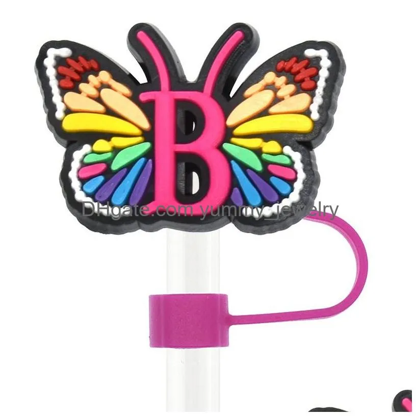 butterfly alphabets silicone straw toppers accessories cover charms reusable splash proof drinking dust plug decorative 8mm/10mm straw
