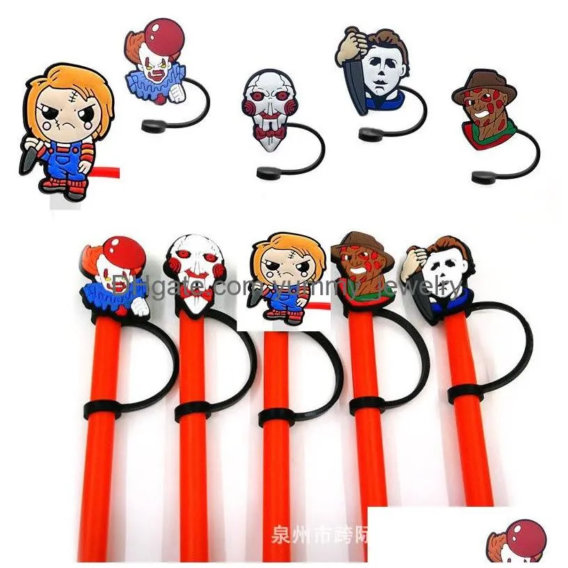 40colors halloween movie film scary killer silicone straw toppers accessories cover charms reusable splash proof drinking dust plug decorative 8mm straw