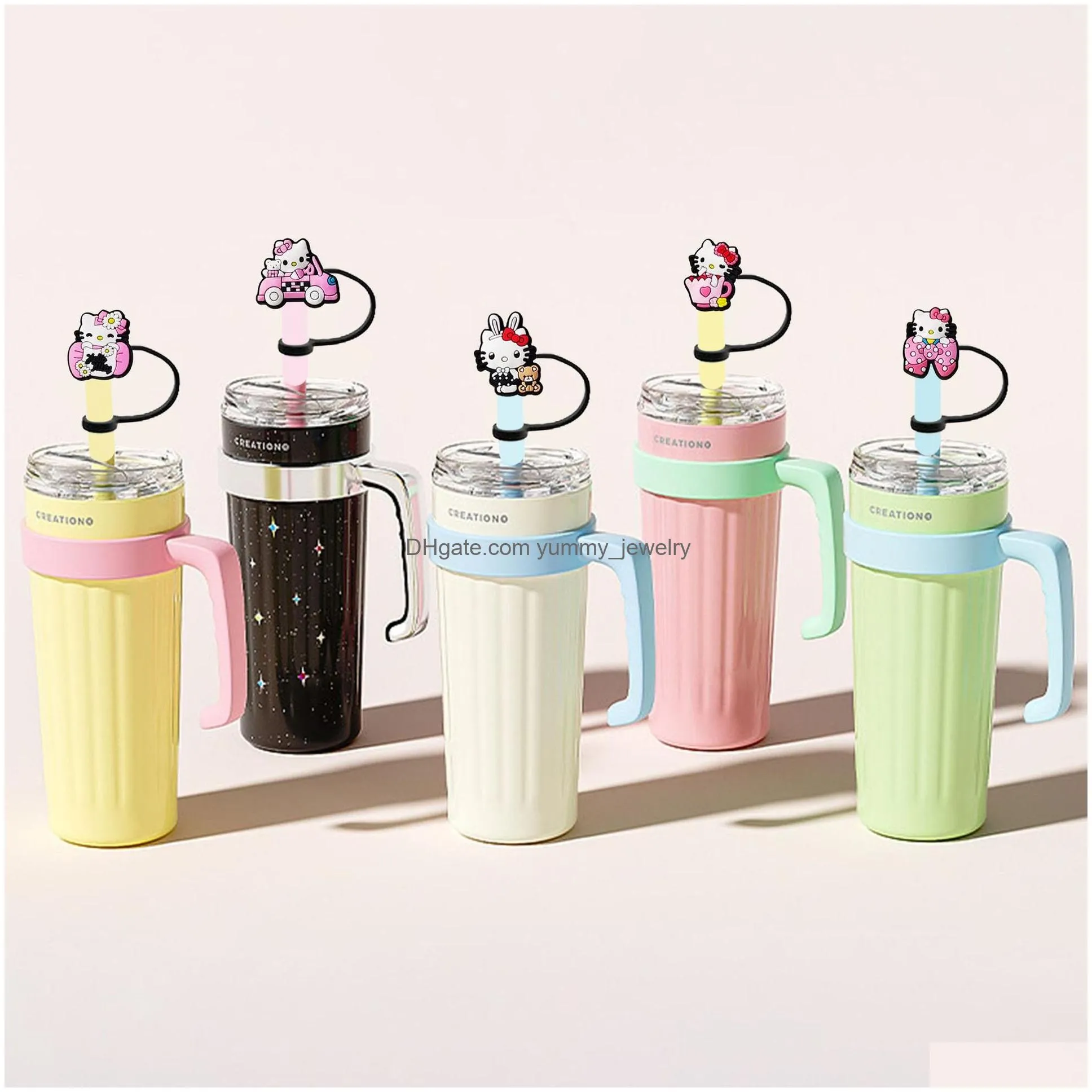 44colors baby girls sweet cats silicone straw toppers accessories cover charms reusable splash proof drinking dust plug decorative 8mm/10mm straw