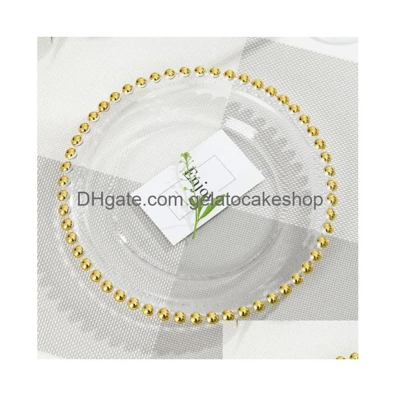 european-style crystal glass plate round gold beads western plate household fruit salad plate wedding beads plate tableware
