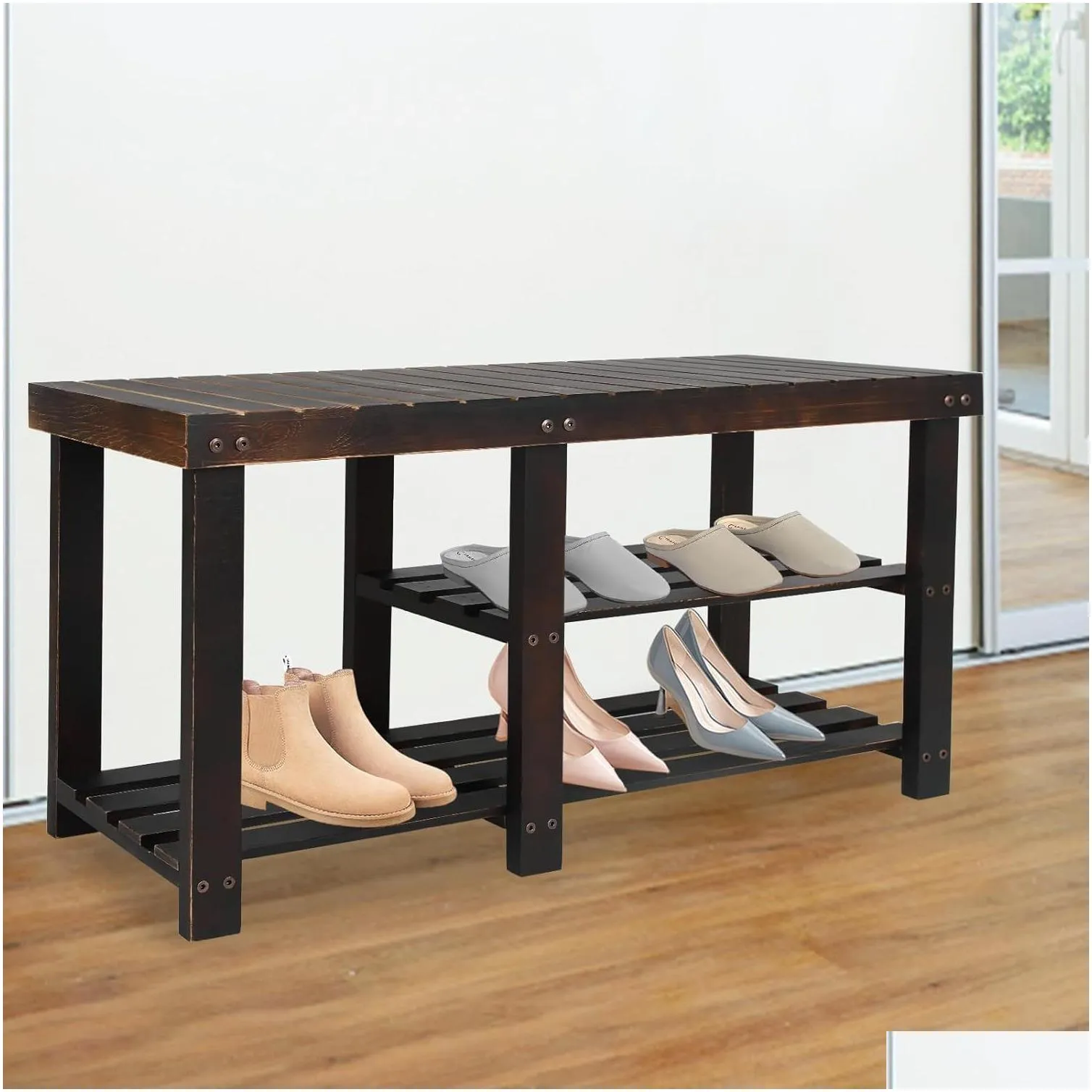 Other Furniture Shoe Rack Bench 2-Tier Storage Shelf Entryway Seat With Wood Drop Delivery Home Garden Furniture Otxkg