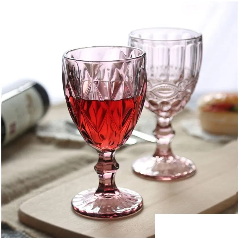 10oz wine glasses colored glass goblet with stem 300ml vintage pattern embossed romantic drinkware for party wedding