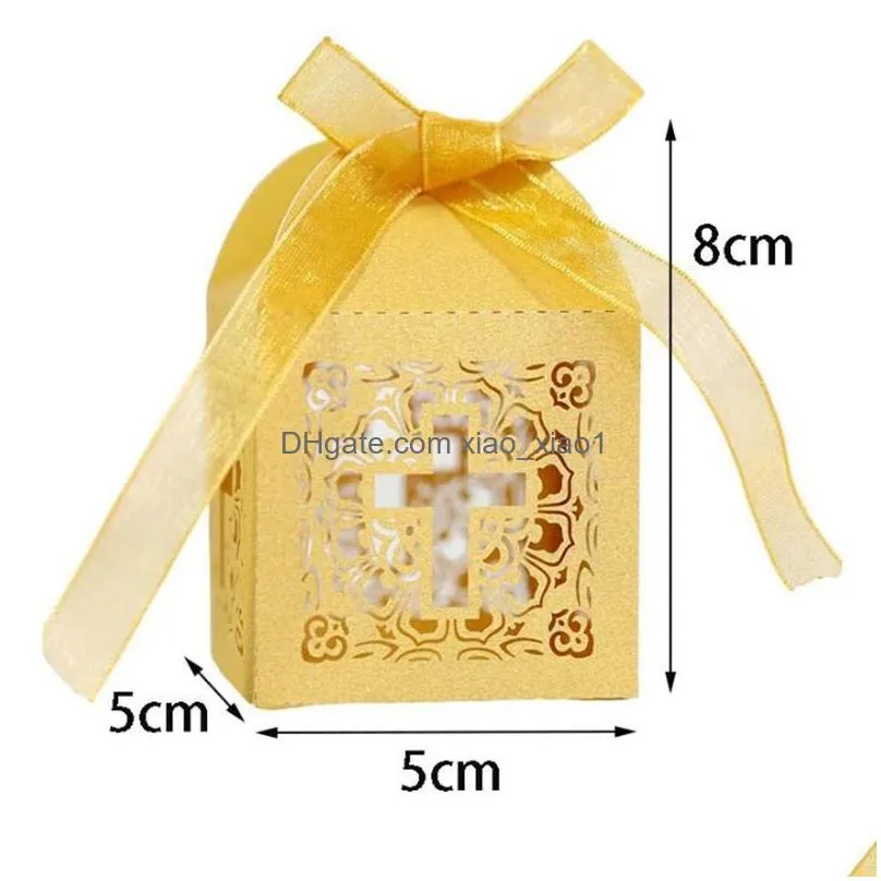 cross laser cut wedding favors gifts box hollow religious candy boxes with ribbon baptism baby shower wedding party decor