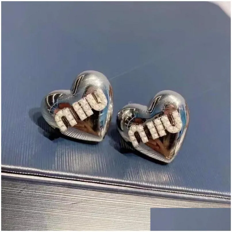 miu letter love metal rhinestone earrings with versatile heart shape stereoscopic metal sense earrings ins network red premium sense