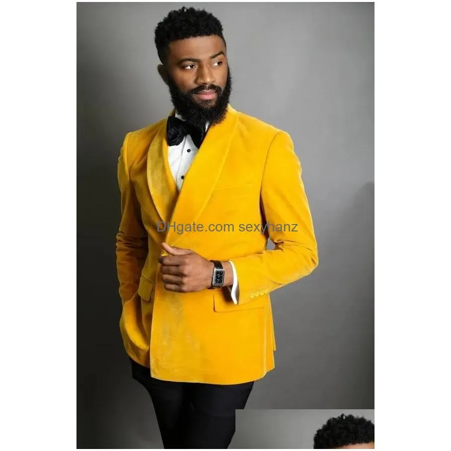costume homme yellow velvet jacket black pant men suits wedding slim fit masculino terno tuxedo groom prom blazer 2 pieces