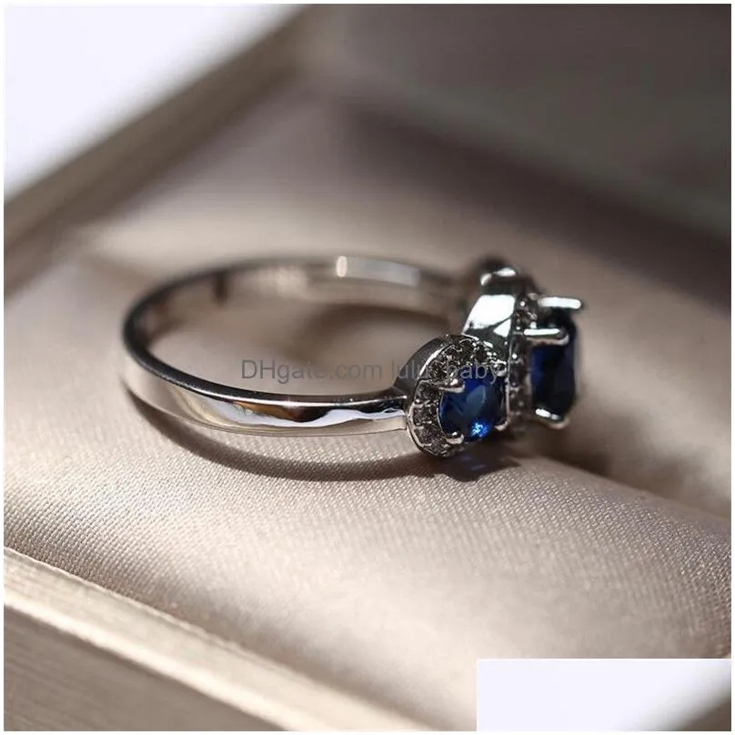 classical cocktail jewelry 925 sterling silver three stone blue sapphire cz diamond gemstones party women wedding engagement band ring