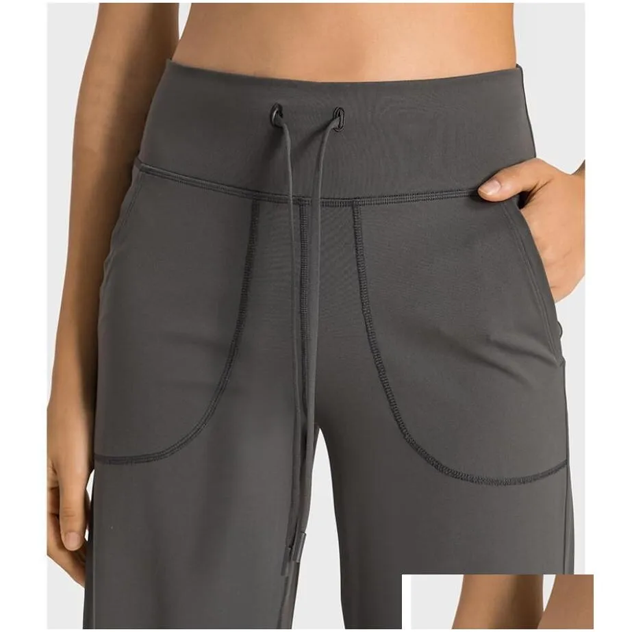 yoga softstreme pants lu-69 split-hem women`s leggings drawstring elastic waist align jogger trousers shows legs yoga fitness tights flared groove gym