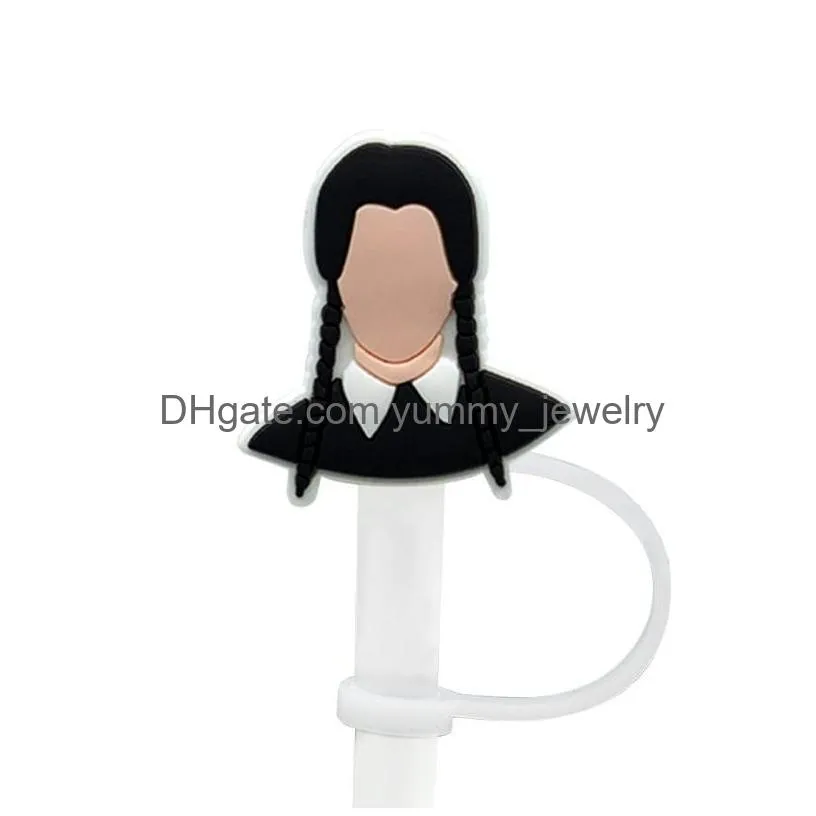 wednesday wear black silicone straw toppers accessories cover charms reusable splash proof drinking dust plug decorative 8mm straw party