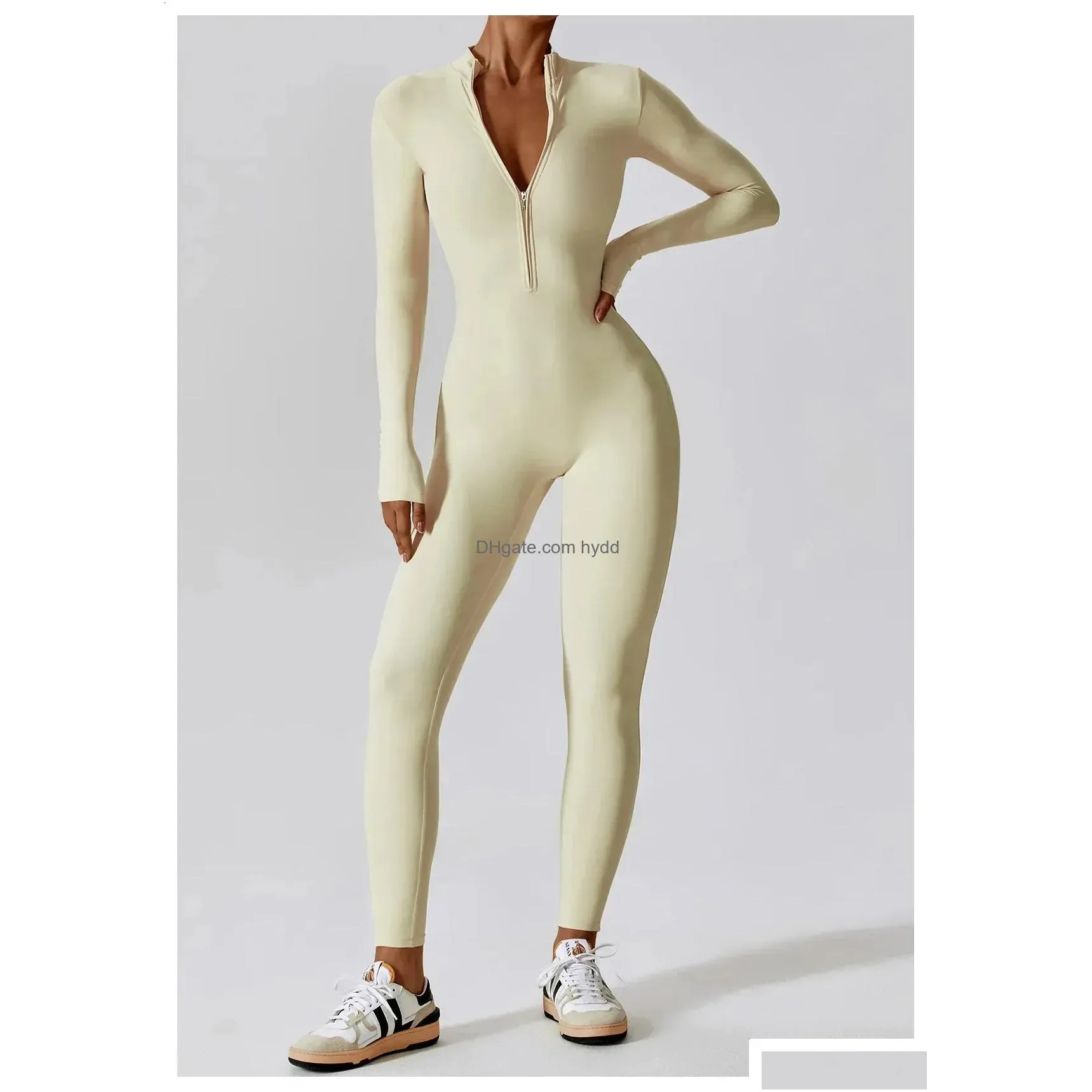 yoga jumpsuit women seamless sports zipper jumpsuit set gym long sleeve fitness suit elastic gym workout bodysuit athletic wear 240123