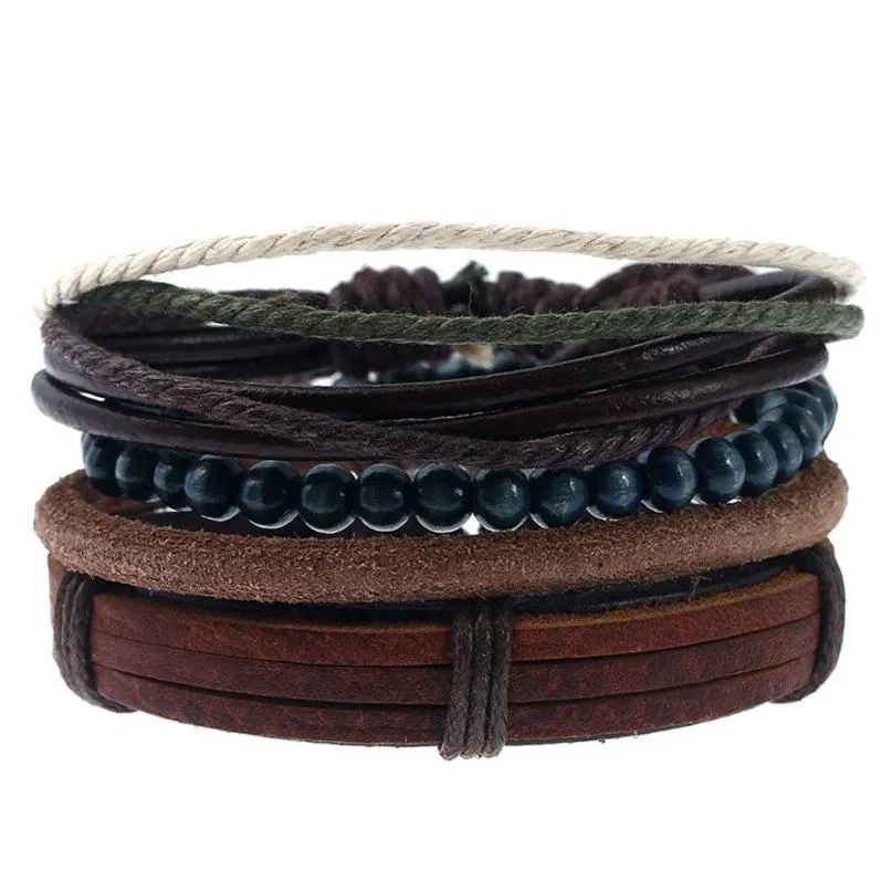 Rope Leather Handmade Braided Multilayer Wooden Beads Charm Bracelets Retro Set For Men Punk Adjustable Bangle Party Jewelry