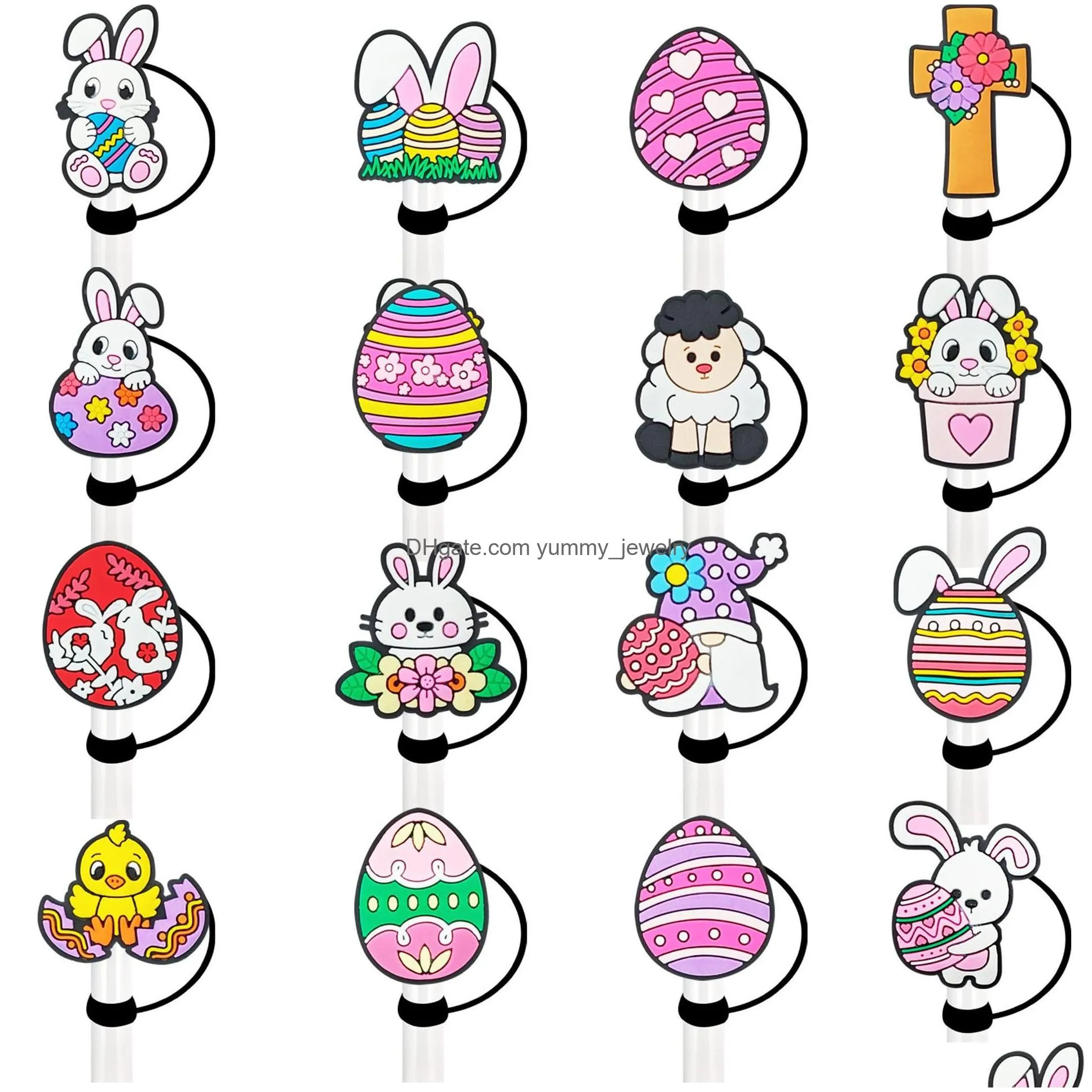 16colors baby girl easter bunny silicone straw toppers accessories cover charms reusable splash proof drinking dust plug decorative 8mm/10mm straw