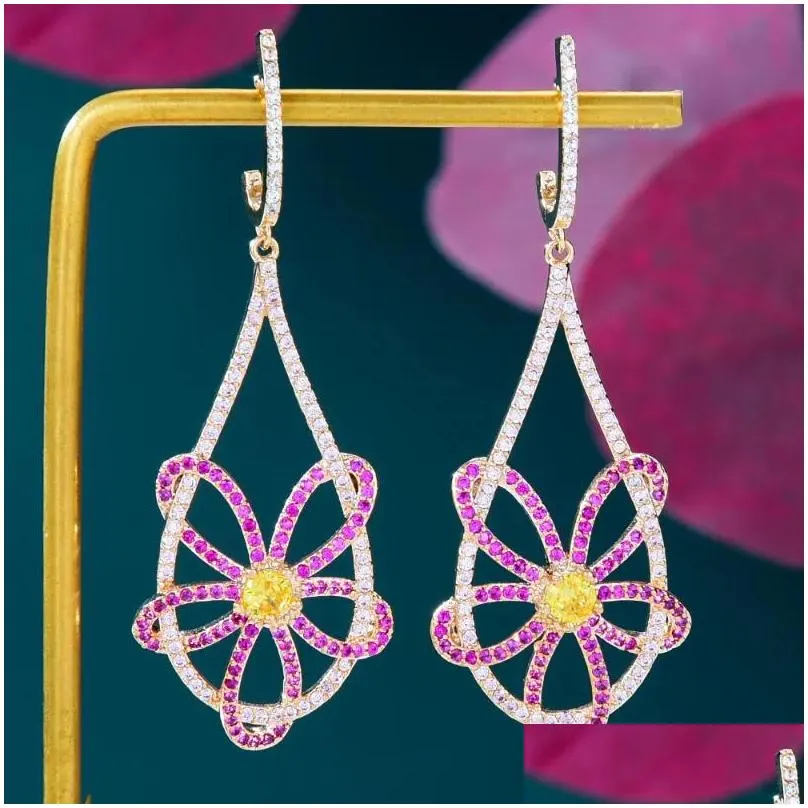 dangle earrings godki pink flower earring for women wedding party full micro cz pave bridal jewelry boucle d`oreille femme
